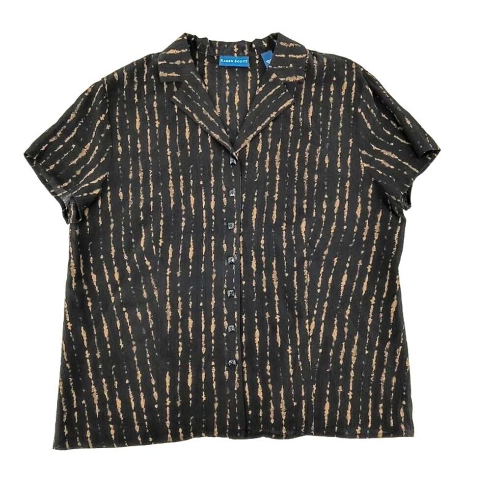 Black Brown Silk Abstract Art Blouse Textured Button Front Artsy Hipster L
